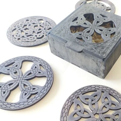Urbalabs Round Wooden Celtic Aged Grey 6 Pc with Box Custom Engraved Coasters Wood Home Decor Decorative Table Coasters Coffee Table Decor - image4